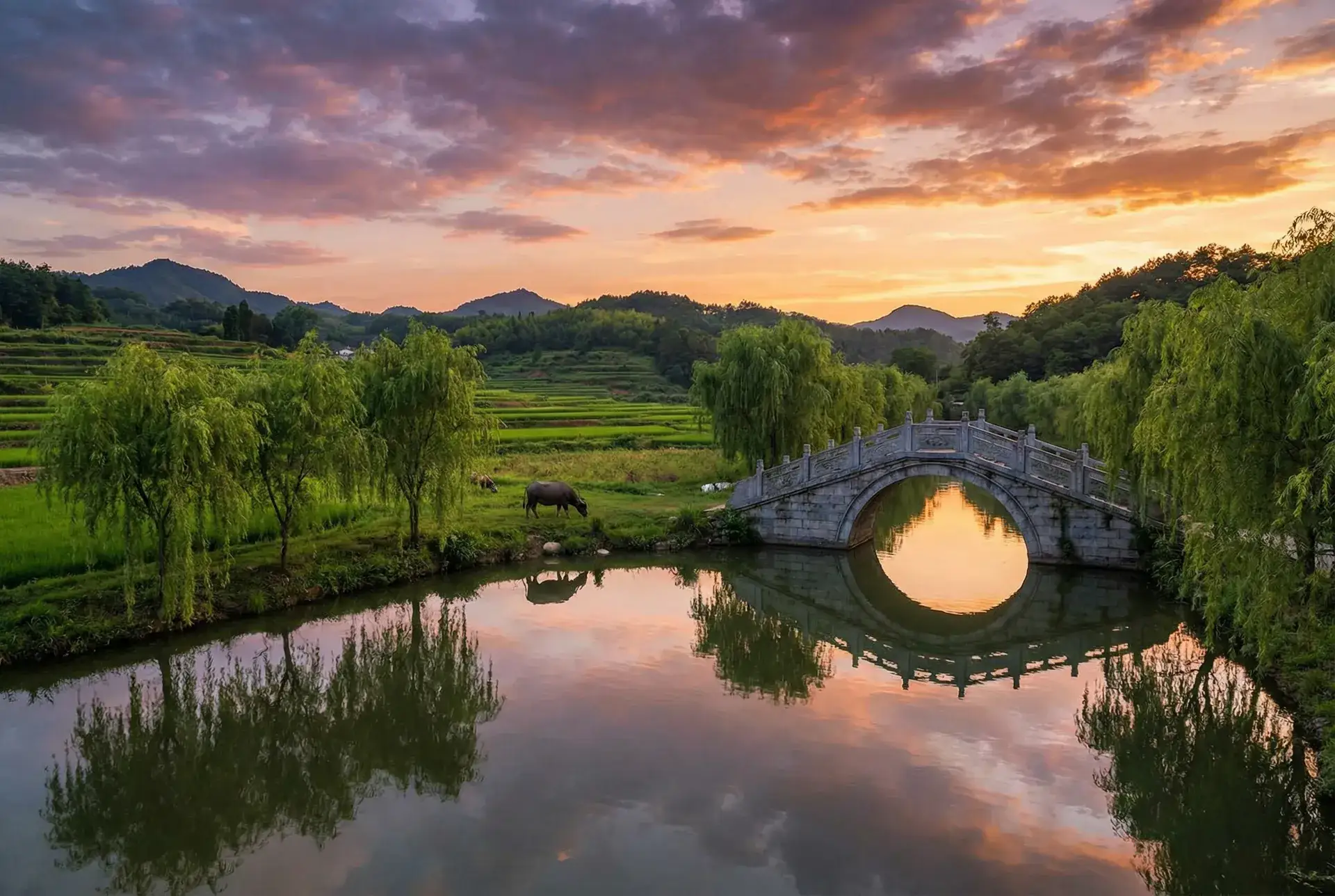 夕阳下的石拱桥与垂柳，水牛在河边吃草 - 四虎1515永久免费1515HH 乡村美景